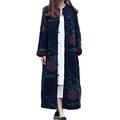 LZJN Women's Cotton Linen Trench Coat Floral Print Long Jacket with Pockets (Deep Blue)