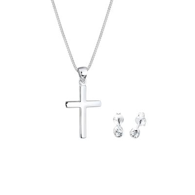 Elli - Kette Stecker Kreuz Kristalle Silber Schmuck-Set Damen