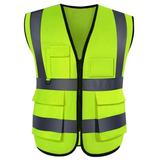 GOGO 5 Pockets High Visibility Zipper Front Breathable Safety Vest with Reflective Strips Uniform Vest-NeonGreen-S