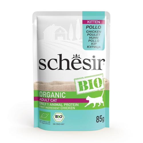 Sparpaket: 24x85g Schesir Bio Pouch Kitten Bio-Huhn Katzenfutter nass