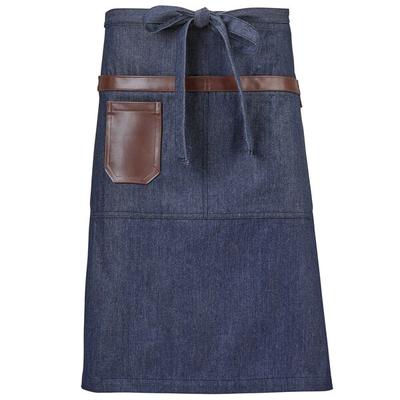 Mercer Culinary M63204DEN Metro Edge Wyatt Indigo Draper Denim Bistro Apron with Brown Leather Details, Towel Holder, and 3 Pockets - 25 1/2" x 30 1/2"