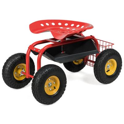 Costway Red/Green Garden Cart Rolling Work Seat Wi...