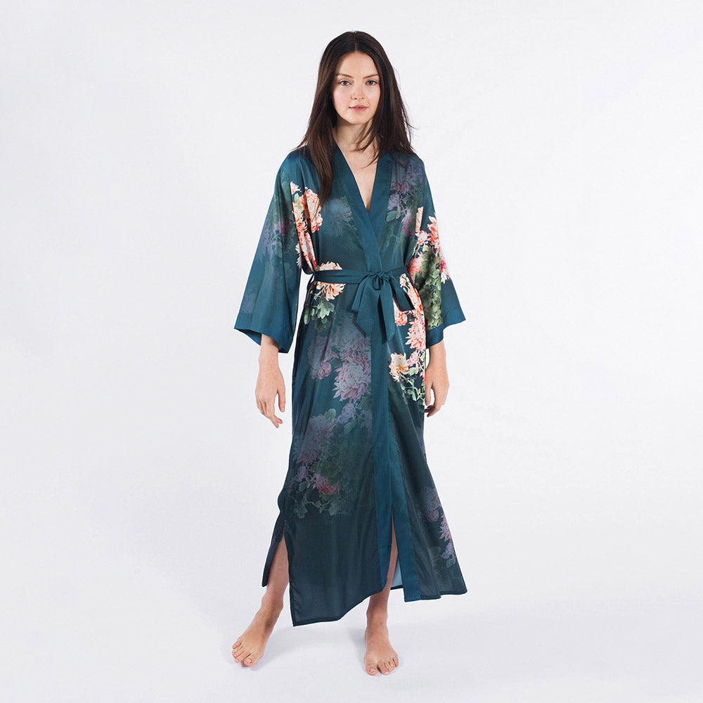 Coral Chrysanthemum Long Kimono Robe | KIM+ONO - indigo / one size