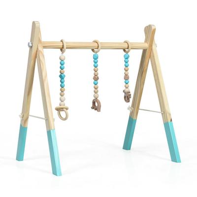 Costway Portable 3 Wooden Newborn Baby Exercise Activity Gym Teething Toys Hanging Bar-Blue