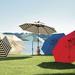 Auto Tilt Patio Umbrella - Canopy Stripe Taupe/Sand Sunbrella, Black, 9' - Ballard Designs Canopy Stripe Taupe/Sand Sunbrella - Ballard Designs