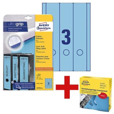 Avery Zweckform Selbstklebende Ordnerrücken-Etiketten inkl. Verstärkungsringe »3510 / 3508« gege blau, 8 cm Image