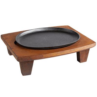 Valor 13" x 10" Oval Pre-Seasoned Cast Iron Fajita Skillet with 16" x 11 7/8" x 4 1/8" Rustic Chestnut Finish Display Stand
