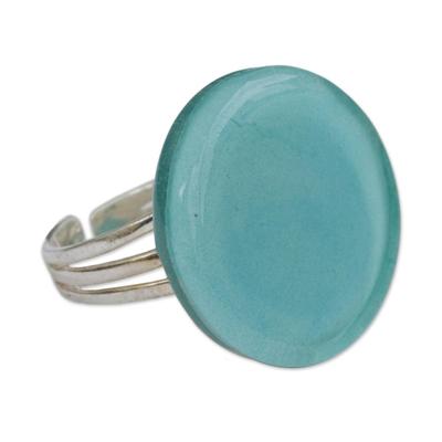 Tranquil Sky,'Handcrafted Celadon Green Fused Glass Disc Cocktail Ring'