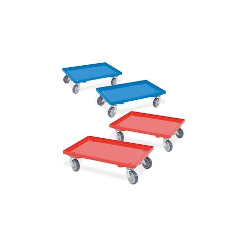 Set, 4x Kistenroller/Logistikroller geschl. Deck, 2x blau, 2x rot, für Behälter 600 x 400 mm, Tragkraft 250 kg