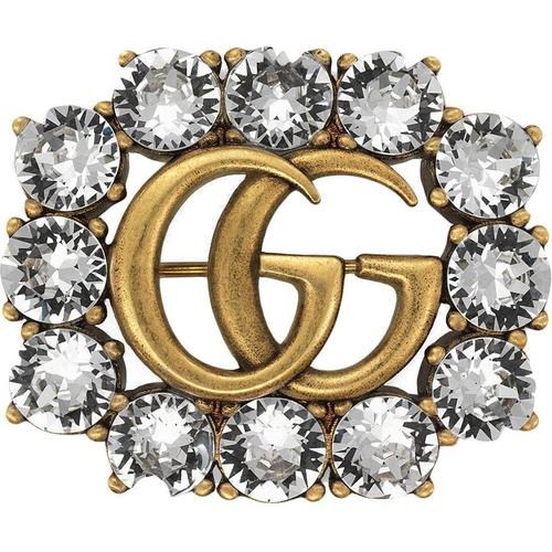Gucci Doppel G Brosche aus Metall mit Kristallen