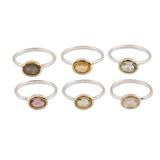 Sparkling Sextet,'Gemstone Solitaire Rings from India (Set of 6)'