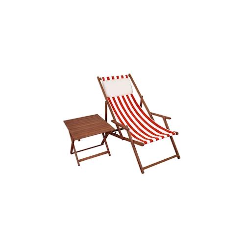 Gartenliege rot-weiß Liegestuhl Tisch Kissen Sonnenliege Deckchair Buche dunkel 10-314 T KH