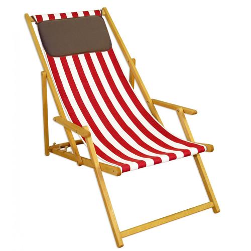 Liegestuhl rot-weiß Strandliege Gartenliege Sonnenliege Deckchair Buche natur Kissen 10-314NKD