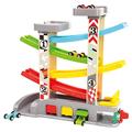 Bino world of toys Rennbahn mit Garagen Autobahn Spielzeug für Kinder ab 3 Jahre (7-Teilig, mit 4 Garagen und Zapfsäulen, besonders robust, Maße: 9 x 33 x 34 cm, inkl.: 4 Holzautos), Bunt