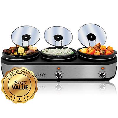MegaChef MC-1203 Triple 2.5 Quart Slow Cooker and Buffet Server in Brushed Silver and Black Finish w