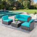 Ebern Designs Swain 5 Piece Rattan Sofa Seating Group w/ Cushions Synthetic Wicker/All - Weather Wicker/Wicker/Rattan in Blue | Outdoor Furniture | Wayfair