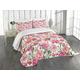 ABAKUHAUS Floral Bedspread Set, Peonies and Roses, Decorative Quilted 3 Piece Coverlet Set with 2 Pillow Shams, Pink Red