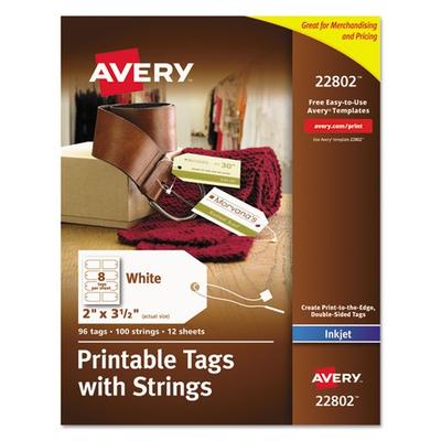 Avery AVE22802 Printable Tags With Strings, 2" x 3-1/2", InkJet Compatible, White, 96 Per Pack