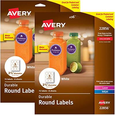Avery Round Labels for Laser & Inkjet Printers, 2.5", 72 Water Resistant Labels (22856), White (2 Pa