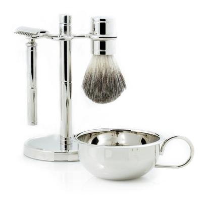 BEY-BERK Safety Razor and Pure Badger Brush with Soap Dish on Chrome Stand