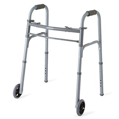 Medline Junior Two-Button Folding Walker with 5" Wheels, For Users 4'6" to 5'5"