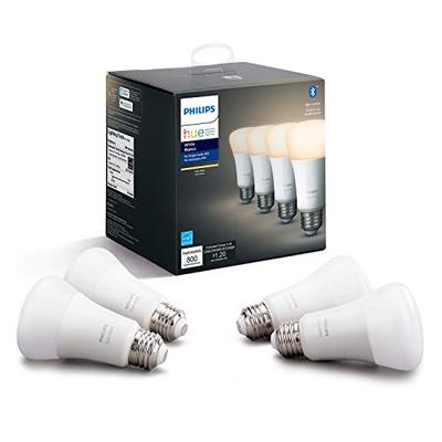 Philips Hue White 4-Pack A19 LED Smart Bulb, Bluetooth & Zigbee compatible (Hue Hub Optional), Works