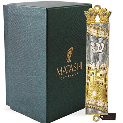 Matashi Hand Painted Mezuzah Gold Plated and Crystals (Grey Enamel Mezuzah Jerusalem City)