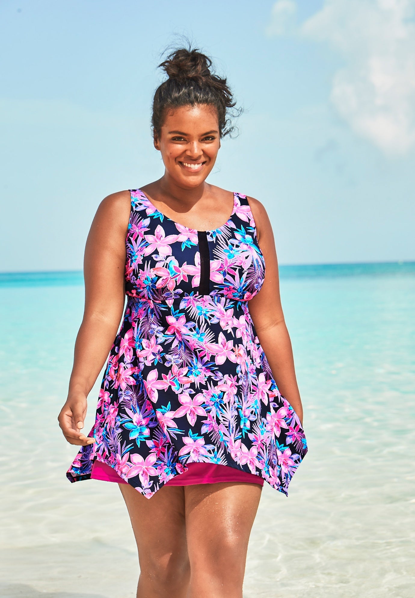Plus Size Women's Longer-Length Tankini Top by Swim 365 in Navy Tropical Floral (Size 24)