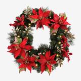 Pre-Lit Poinsettia Wreath by BrylaneHome in Red Christmas Flower Lights Decoration