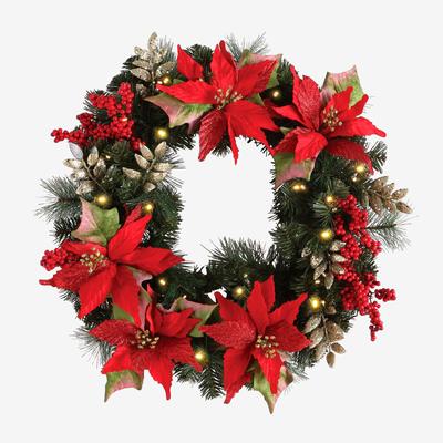 Pre-Lit Poinsettia Wreath by BrylaneHome in Red Ch...