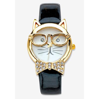 Gold Tone Bowtie Cat Watch with Adjustable Black Strap 8" by PalmBeach Jewelry in Black