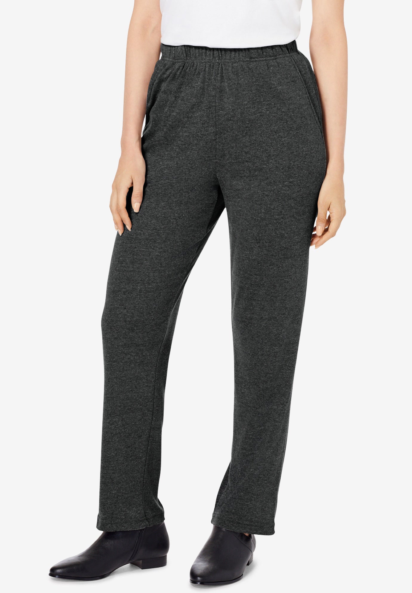 Plus Size Women's Plus Size Straight Leg Soft Knit Pull On Pant by Roaman's in Heather Charcoal (Size S) Pull On Elastic Waist
