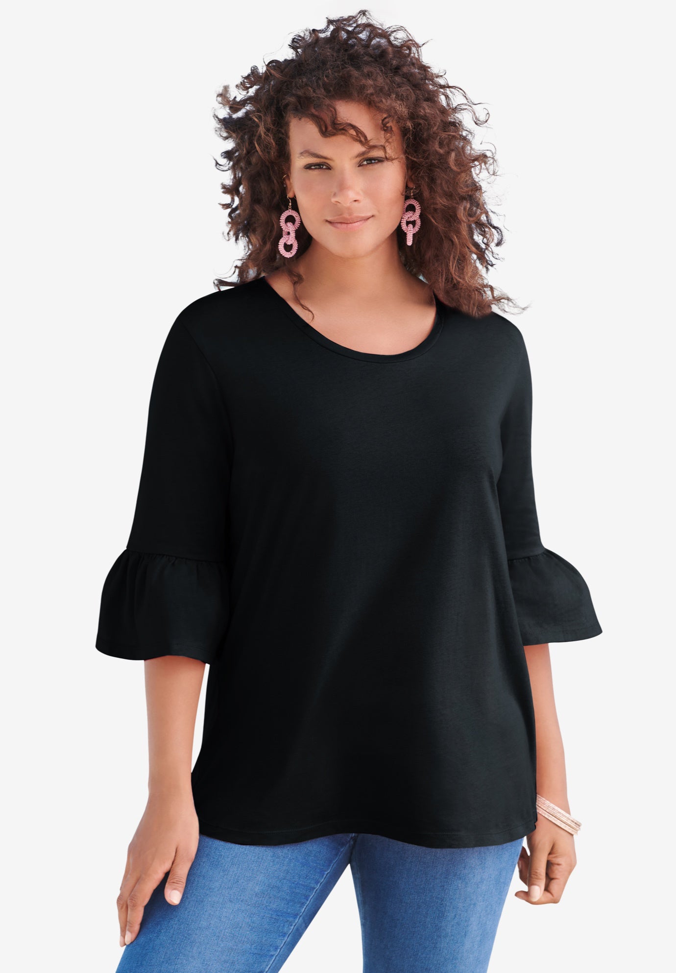 Plus Size Women's Plus Size Cotton Ultimate Bell Sleeve Tee by Roaman's in Black (Size 18/20) Shirt