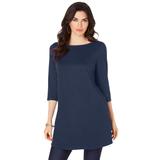 Plus Size Women's Boatneck Ultimate Tunic with Side Slits by Roaman's in Navy (Size 12) Long Shirt