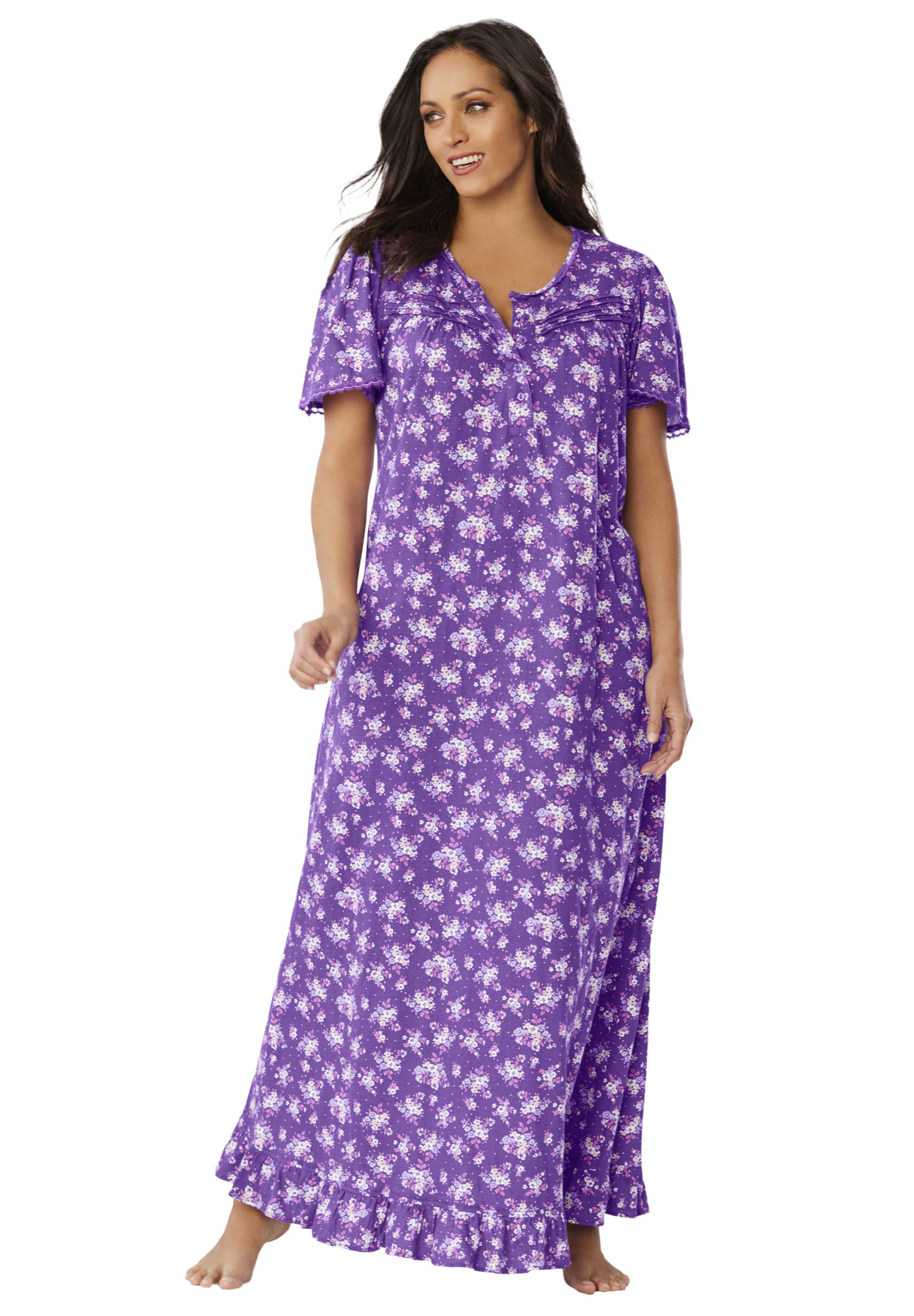 Plus Size Women's Long Floral Print Cotton Gown by Dreams & Co. in Plum Burst Bouquet (Size 3X) Pajamas