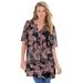 Plus Size Women's Short-Sleeve Angelina Tunic by Roaman's in Black Etched Paisley (Size 12 W) Long Button Front Shirt