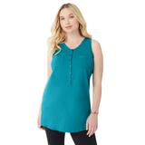 Plus Size Women's Button-Front Henley Ultimate Tunic Tank by Roaman's in Deep Turquoise (Size M) Top 100% Cotton Sleeveless Shirt