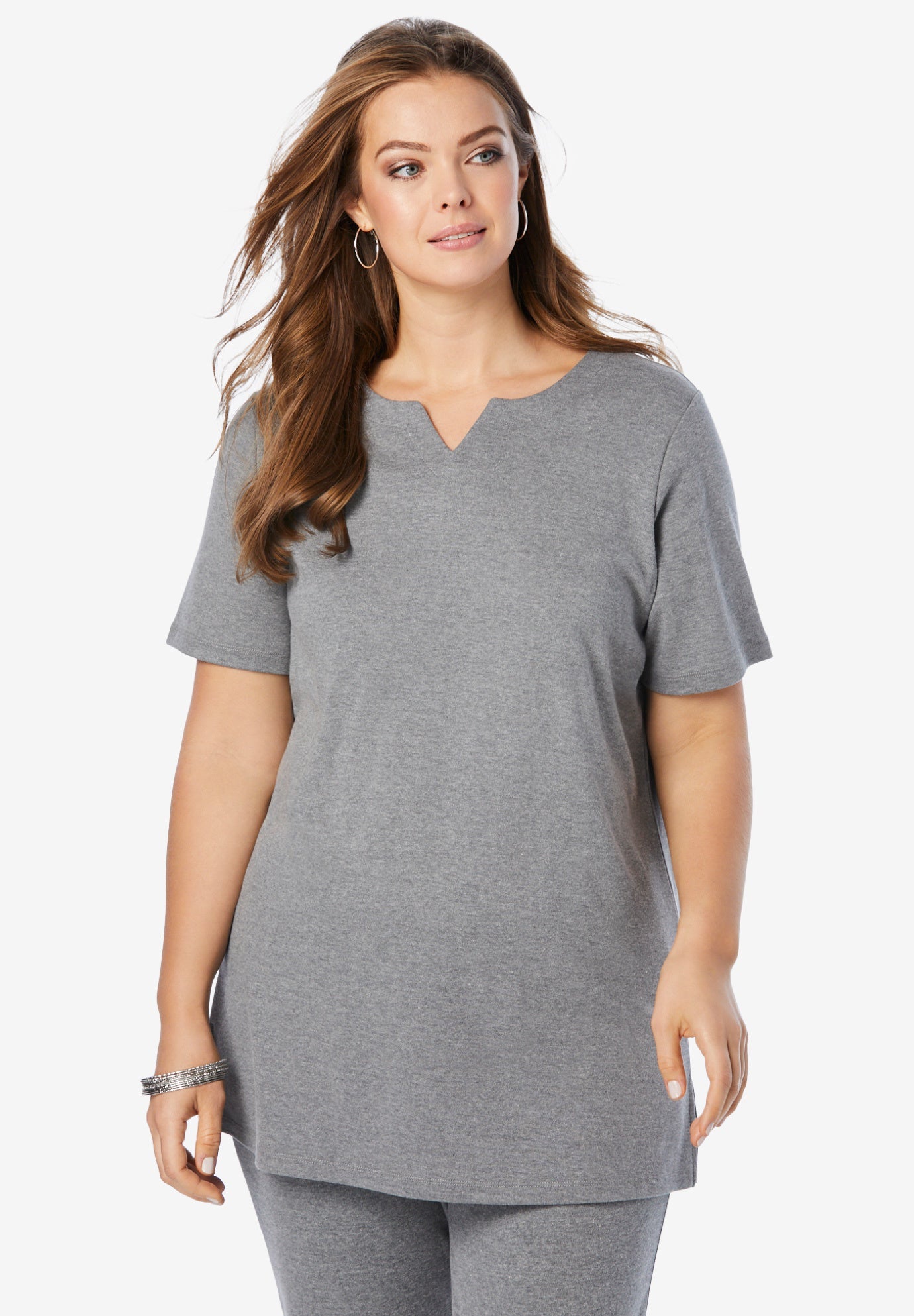 Plus Size Women's Plus Size Soft Knit Tunic with Notch Neckline by Roaman's in Medium Heather Grey (Size 5X) Short Sleeve T-Shirt