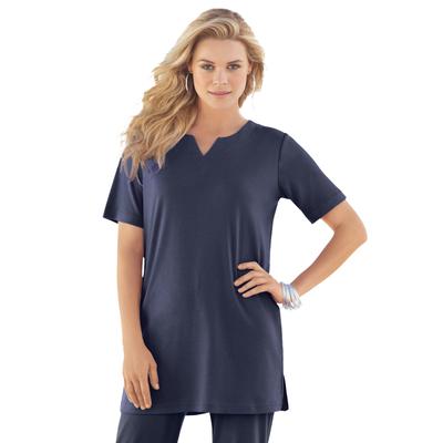 Plus Size Women's Notch Neck Soft Knit Tunic by Roaman's in Navy (Size 6X) Short Sleeve T-Shirt