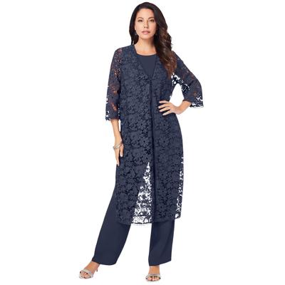 Plus Size Women's Three-Piece Lace Duster & Pant Suit by Roaman's in Navy (Size 30 W) Duster, Tank, Formal Evening Wide Leg Trousers