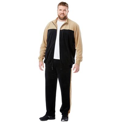 Men's Big & Tall Colorblock Velour Tracksuit by KingSize in Khaki Black (Size 5XL)