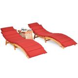 Costway 3 Pieces Folding Patio Eucalyptus Wood Lounge Chair Set with Foldable Side Table