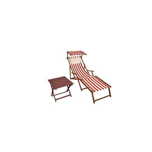 Sonnenliege rot-weiß Strandliege Holzliege Buche Fußteil Sonnendach Tisch Kissen 10-314 FST KH