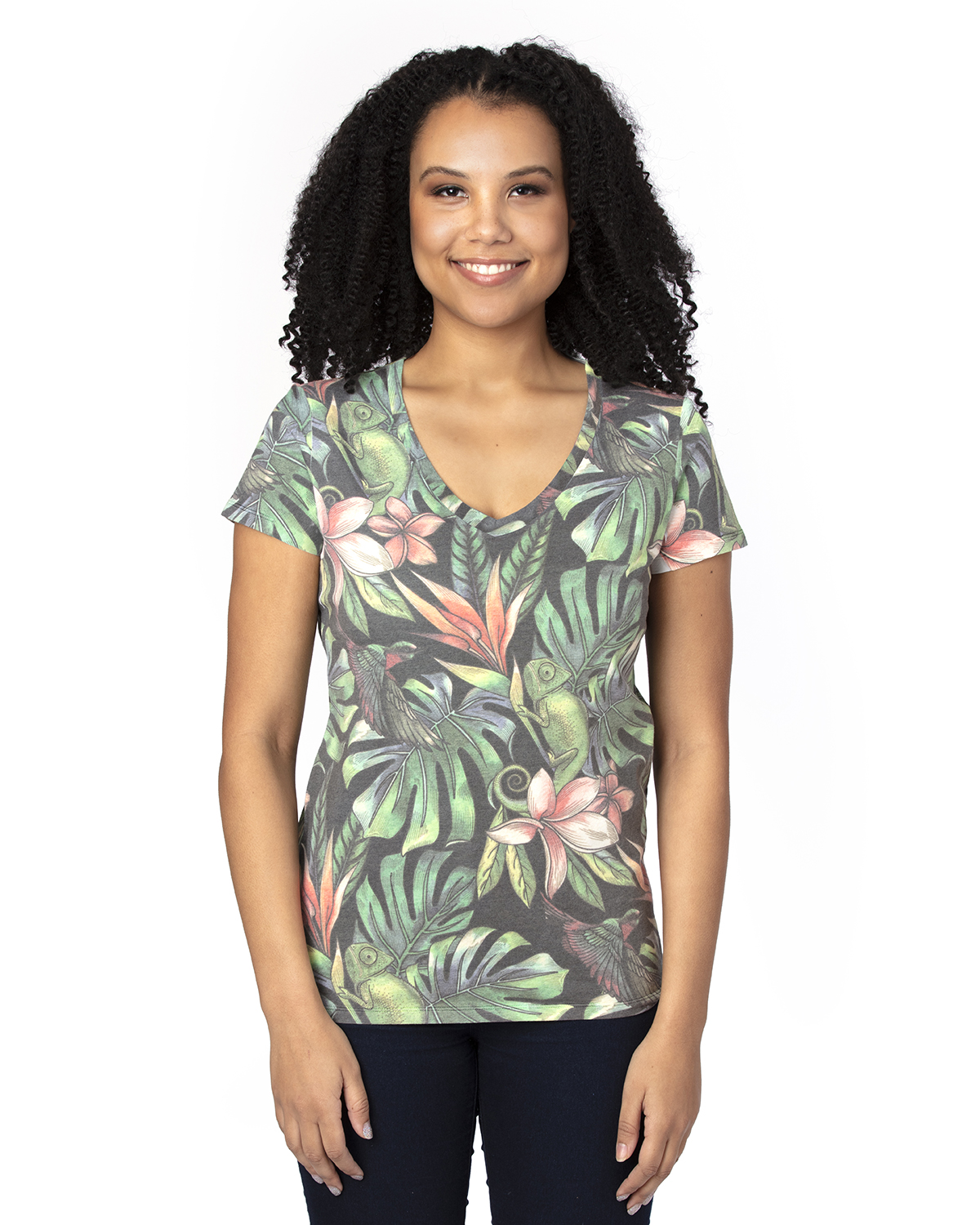 Threadfast Apparel 200RV Women's Ultimate V-Neck T-Shirt in Tropical Jungle size Small | Cotton/Polyester Blend