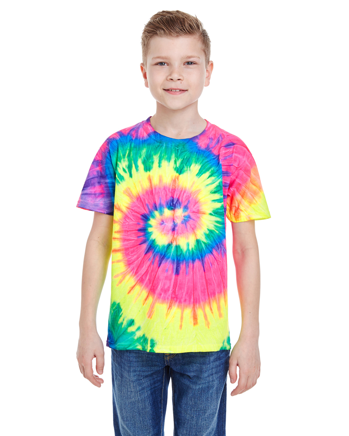 Tie-Dye CD100Y Youth Tie Dye Top in Neon Rainbow size Medium | Cotton