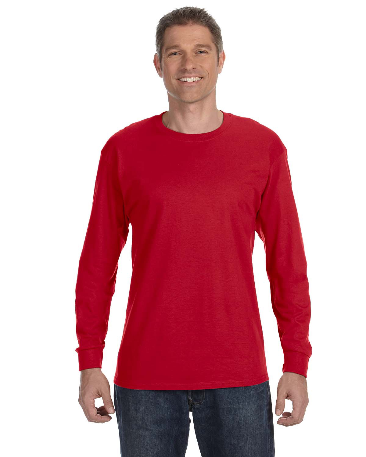 Hanes 5586 Authentic-T Cotton Long Sleeve T-Shirt in Deep Red size Small