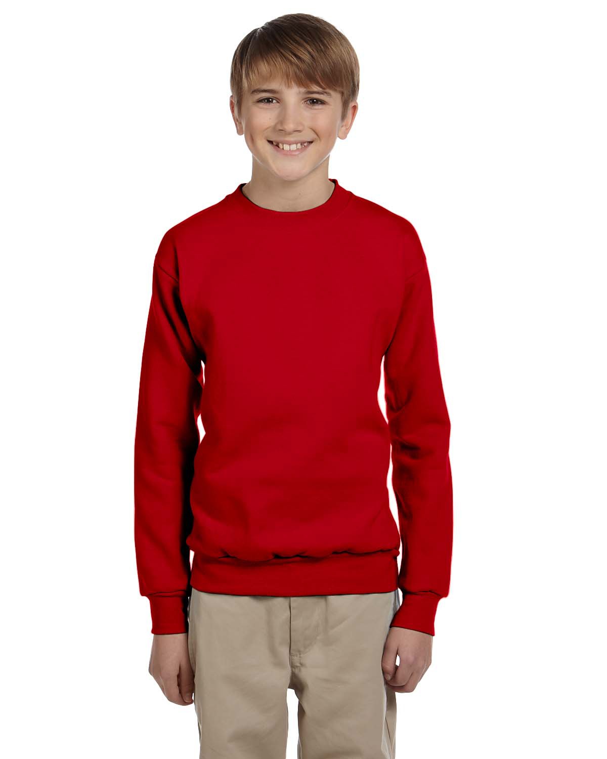 Hanes P360 Youth EcoSmart Crewneck Sweatshirt in Deep Red size Small | Cotton Polyester