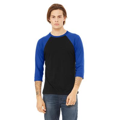 Bella + Canvas 3200 3/4-Sleeve Baseball T-Shirt in Black/True Royal Blue size 2XL | Triblend B3200, BC3200
