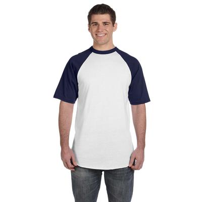 Augusta Sportswear 423 Baseball Short Sleeve Top 2.0 in White/Navy Blue size Large | Cotton Polyester