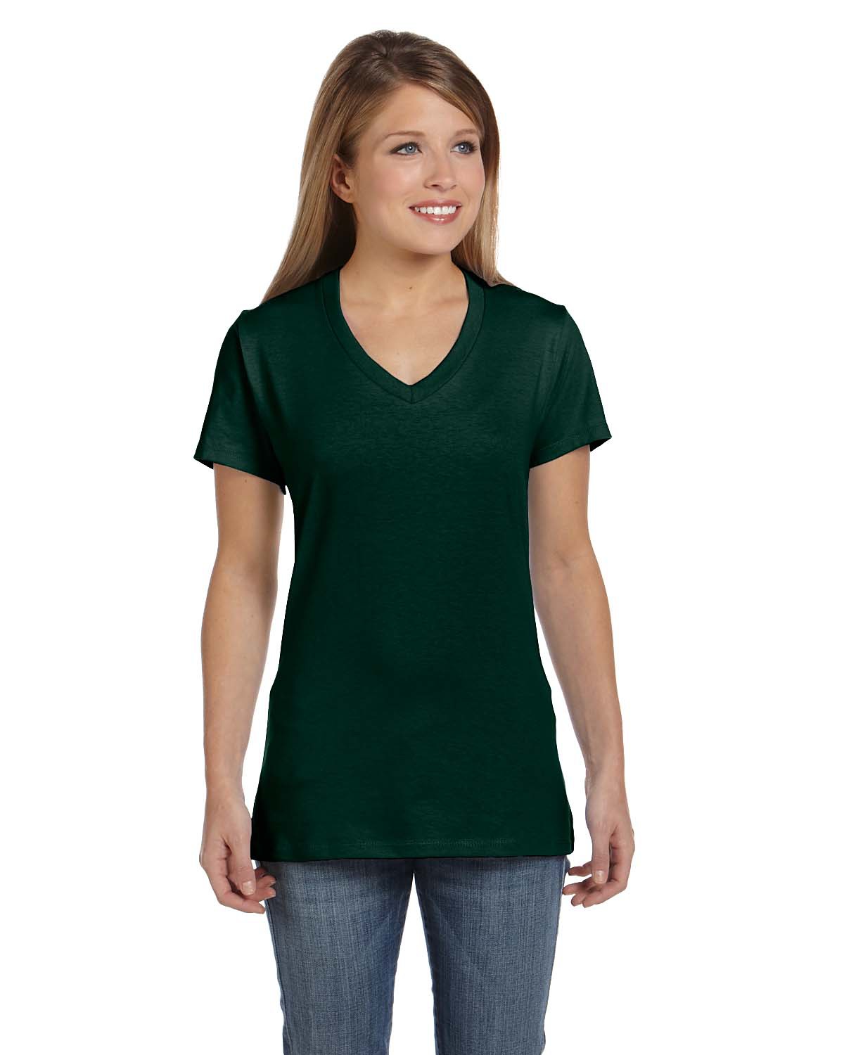 Hanes S04V Women's Perfect-T V-Neck T-Shirt in Deep Forest Green size 2XL | Ringspun Cotton